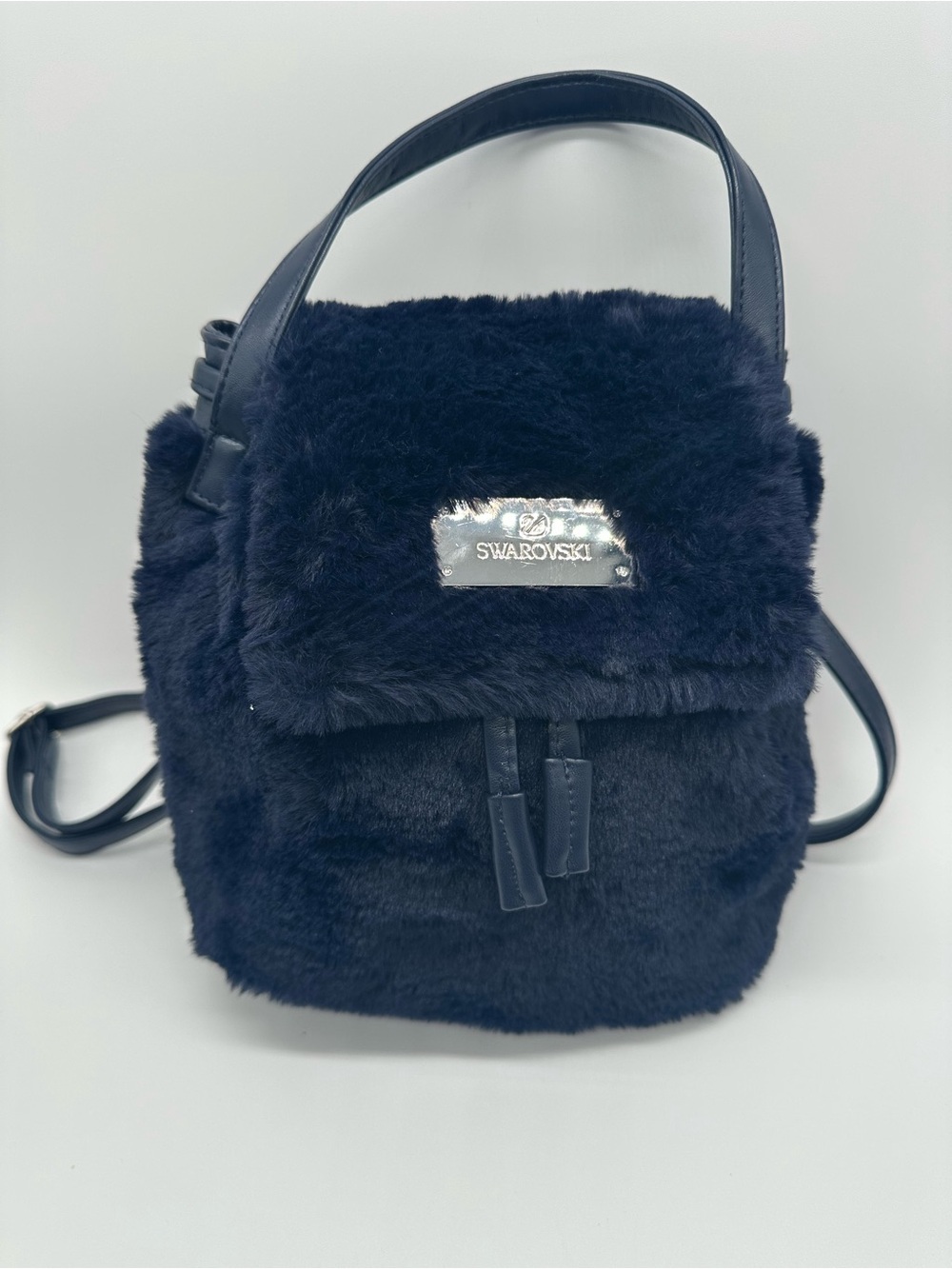 Swarovski Black Faux Fur Mini Backpack with Logo Plate